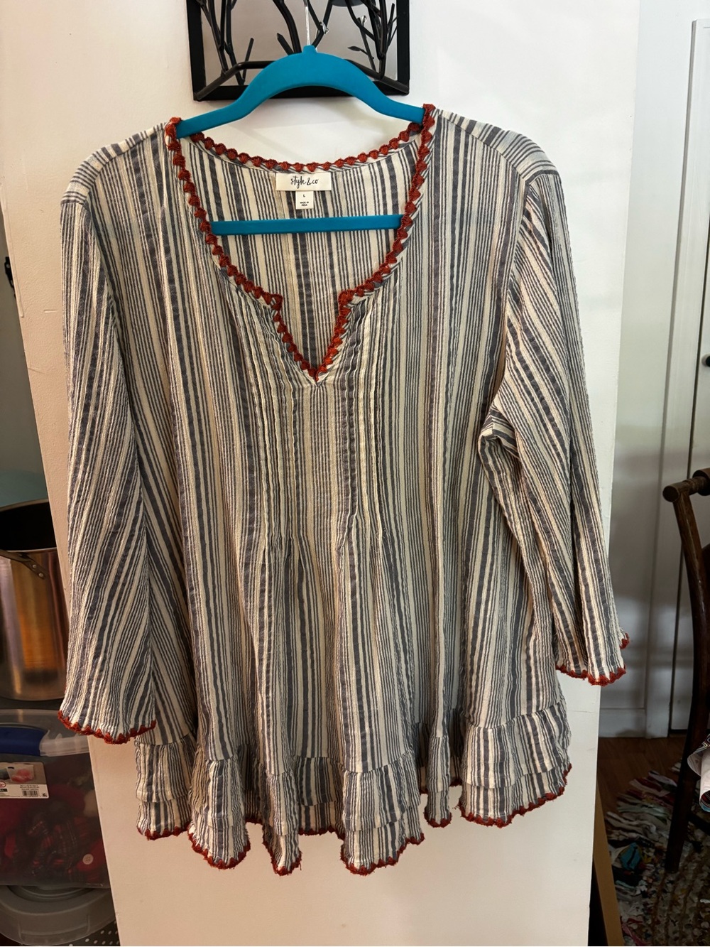Style & Co. Blue and Cream Striped Peasant Tunic with Rust Trim